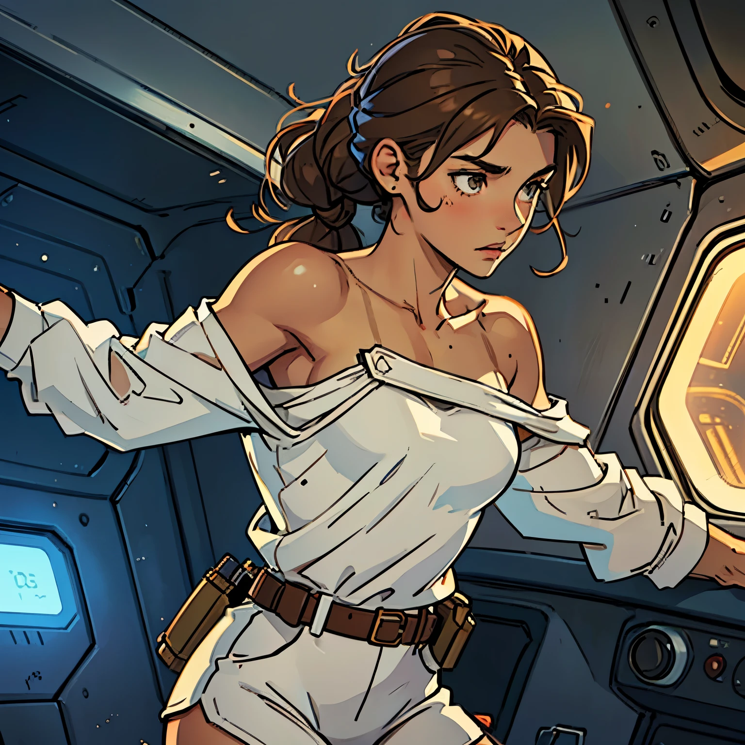 A close up of a woman in a star wars outfit holding a gun - SeaArt AI