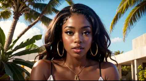 a beautiful Jamaican woman blowing a kiss at the camera, holding a mistletoe above her head, cinematic shot, thicc, cleavage, ho...