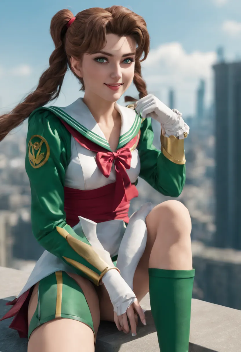 sailor jupiter smiling at the camera. she is sitting in her herioc uniform on a sky scraper watching the world beneath her. next...