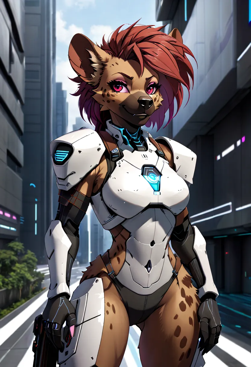 (best quality,highres:1.2,ultra-detailed),female anthropomorphic hyena,She has a Rachel hair style and red color,His eyes are we...