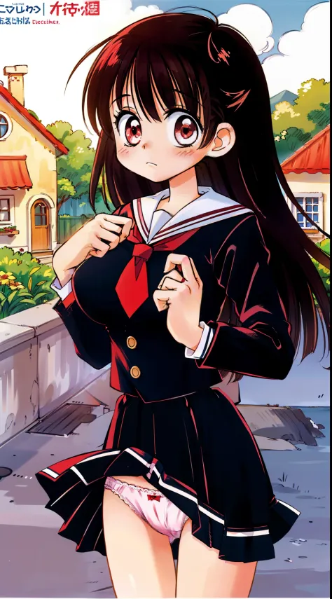 Cute One Girl,独奏、 A dark-haired、The long-haired、huge tit、 hair,  School Uniforms, white panties, Red tie, from the front side、Look at viewers、(Skirt that rolls up)、(Fully exposed panties)、red blush、embarrassed from、plein air、outside of house