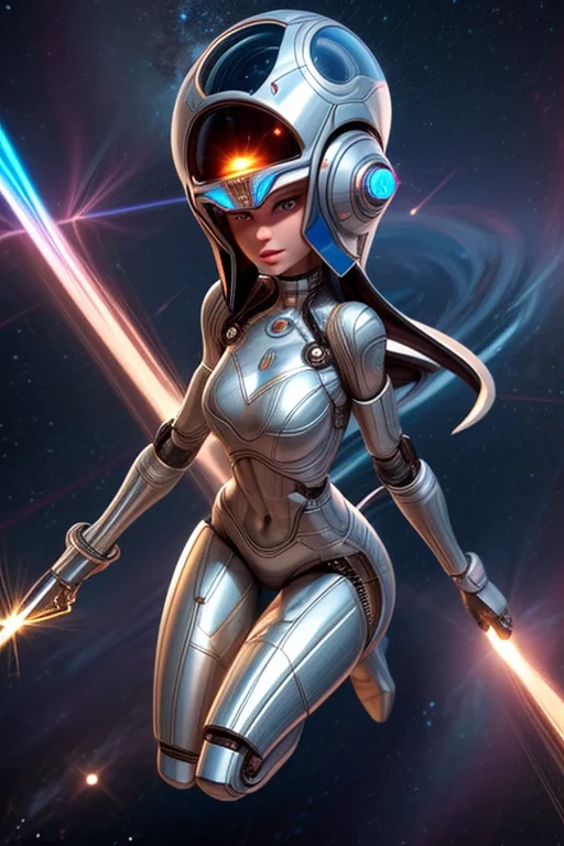 A silver robot, obviously mechanical body, who greatly resembles Paris Hilton and with a completely human face. It is carrying a large laser weapon and flying through space