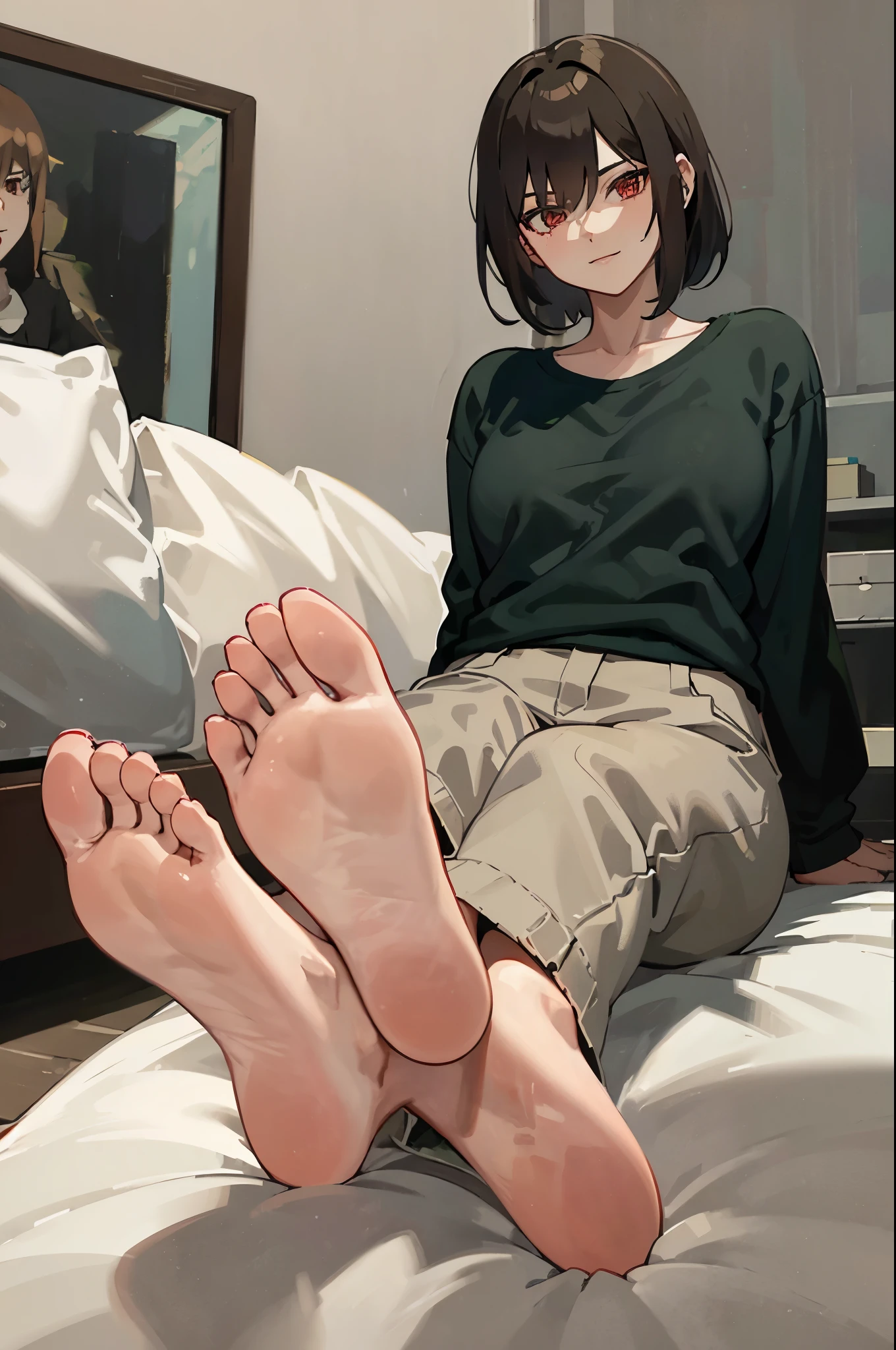 Anime - style picture of a woman sitting on a bed with her feet up - SeaArt  AI