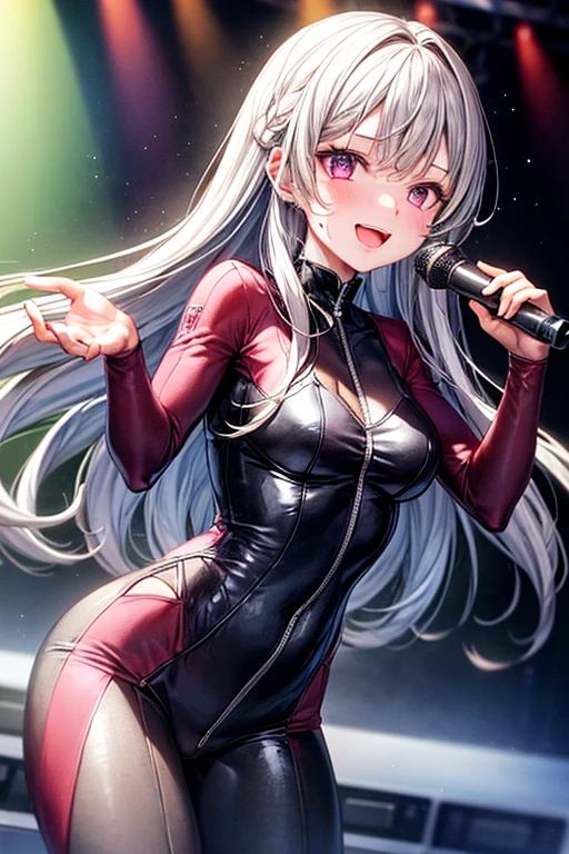 1 girl, middling, white color hair, bluntbangs, Long gray hair, Purple eye, Hit the singing suit, Body sweating, The face is red, sing, stage, lighting stage, focal plane,  looking at viewert, ssmile, Add to_the detail:1