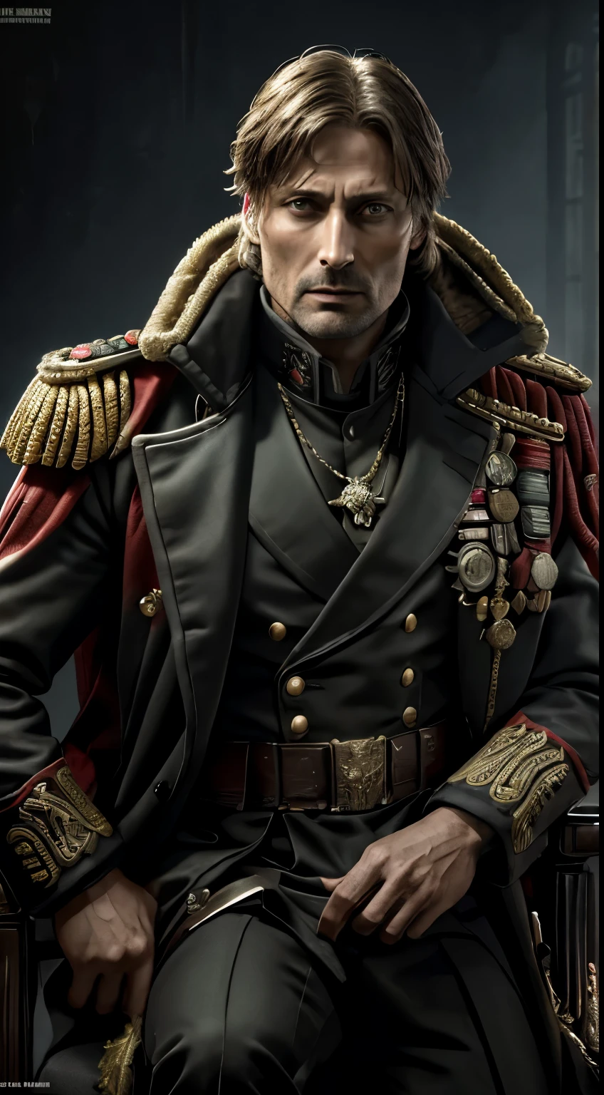 Generate a high-resolution, impeccably detailed image of actor Mads Mikkelsen in the Warhammer 40k universe, portraying him as a mercenary king adorned in an elaborate commissar-inspired attire. Ensure the visual richness of the attire, blending the ornate design with the militaristic essence of the Warhammer 40k setting. Capture Mads Mikkelsen's presence as a commanding ruler, exuding both regal authority and the battle-hardened demeanor of a leader navigating the grim challenges of this dystopian sci-fi world. Prioritize a crisp and flawless image quality to emphasize the intricate details of the character's costume and expression.