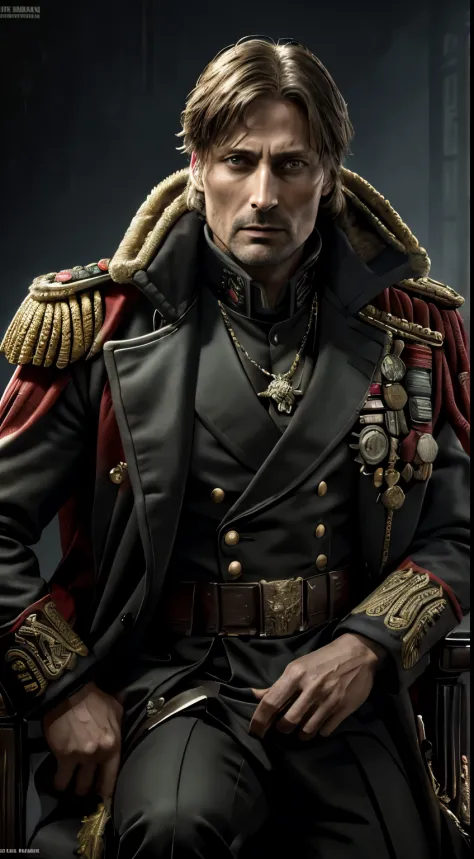 Generate a high-resolution, impeccably detailed image of actor Mads Mikkelsen in the Warhammer 40k universe, portraying him as a...