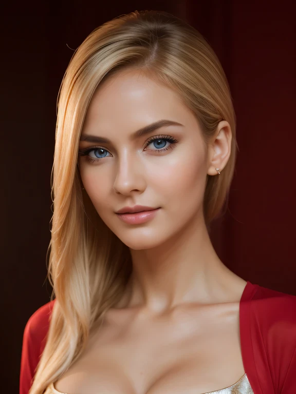 ((facial portraits, upper-body, close-up)),(best quality,4k,8k,highres,masterpiece:1.2),ultra-detailed,(realistic,photorealistic,photo-realistic:1.37),(1girl),(28years old),(Blond hair),(sharp focus:1.5),pearl skin,(skin pores:1.1),extremely detailed face and skin texture,(skin texture:1.1),Blond hair,tall body,(172cm tall),thin and delicate figure,graceful posture,flawless skin,defined abs,perfect curves,feminine appearance,embodying elegance and beauty,cleavage breasts,((wearing a (red) shirt dress)),vibrant color,extremely detailed and realistic clothes,(colorful),(film grain:1.3), colorful lighting,expressive faces,vivid blue eyes,dynamic poses,professional studio settings,creative composition,glowing highlights,subtle shadows,emotional expressions,authentic emotions,insta-worthy,high-fashion styles,lively backgrounds,individual character traits,unique personalities,powerful gazes,precise facial features,life-like hair textures,surreal elements,dreamy atmosphere,masterful brushstrokes,instantly captivating,mesmerizing gaze,natural beauty,realistic lighting effects,capturing the essence of the subject,unforgettable expressions.