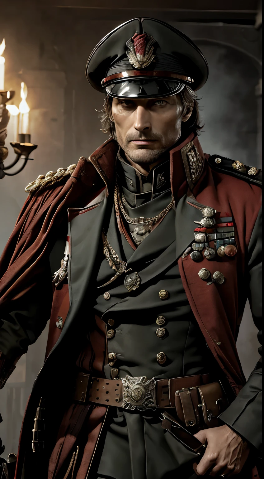 Gere um corpo inteiro, imagem de alta resolução do ator Mads Mikkelsen no universo Warhammer 40k, encarnando uma persona de rei mercenário. Vista-o com um rico adorno, traje inspirado em comissário vermelho, enfatizando detalhes intrincados que refletem tanto a realeza quanto a estética militar áspera do Warhammer 40k. Capture a expressão de Mads Mikkelsen com uma postura séria, e retrate-o fumando um charuto para realçar o áspero, atmosfera de batalha. Priorize a qualidade impecável da imagem para garantir que cada detalhe, do traje ornamentado às nuances sutis de sua expressão, é renderizado de forma nítida.