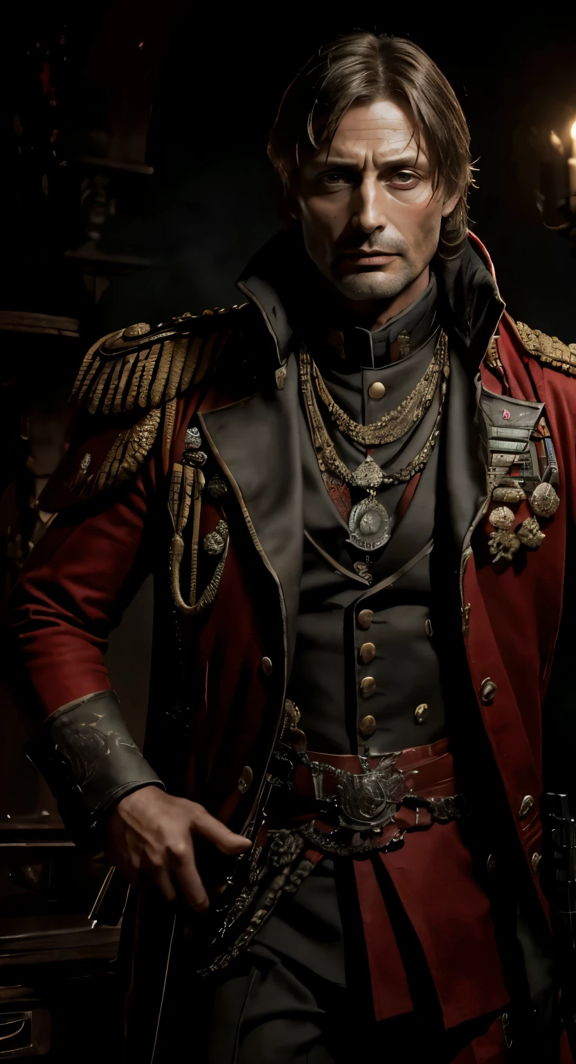 Gerar um corpo inteiro, high resolution image of actor Mads Mikkelsen in the Warhammer 40k universe, embodying a mercenary king personality. Vista-o com um vestido ricamente adornado, outfit inspired by the red commissioner, emphasizing intricate details that reflect both the royalty and harsh military aesthetic of Warhammer 40k. Capturar Mads Mikkelsen&#39;expression with a serious attitude, and portray him smoking a cigar to increase sturdiness, atmosfera desgastada pela batalha. Prioritize impeccable image quality to ensure every detail, from her ornate attire to the subtle nuances of her expression, is rendered sharply.