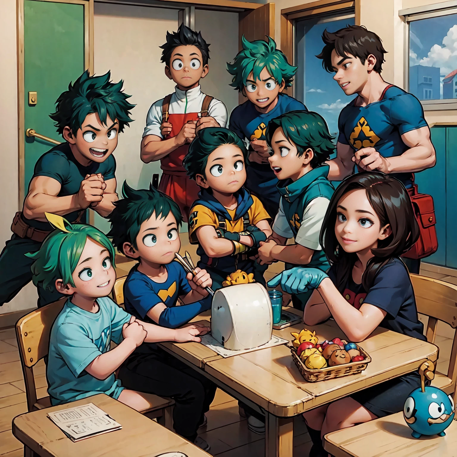 **Quadro 1:**
*Deku, com um sorriso animado, is showing his hero toy collection to his classmates in kindergarten.*

**Quadro 2:**
*Deku&#39;s colleagues are delighted, cada um segurando um brinquedo diferente, as they discuss their choices and imaginary powers.*

**Quadro 3:**
*Deku begins to invent an improvised heroic story, envolvendo todos os brinquedos, e seus colegas se envolvem na narrativa, criando um ambiente de brincadeira empolgante.*

**Quadro 4:**
*All the little heroes are laughing and having fun, strengthening bonds of friendship as they share their imaginations and heroic dreams on the kindergarten playground.*