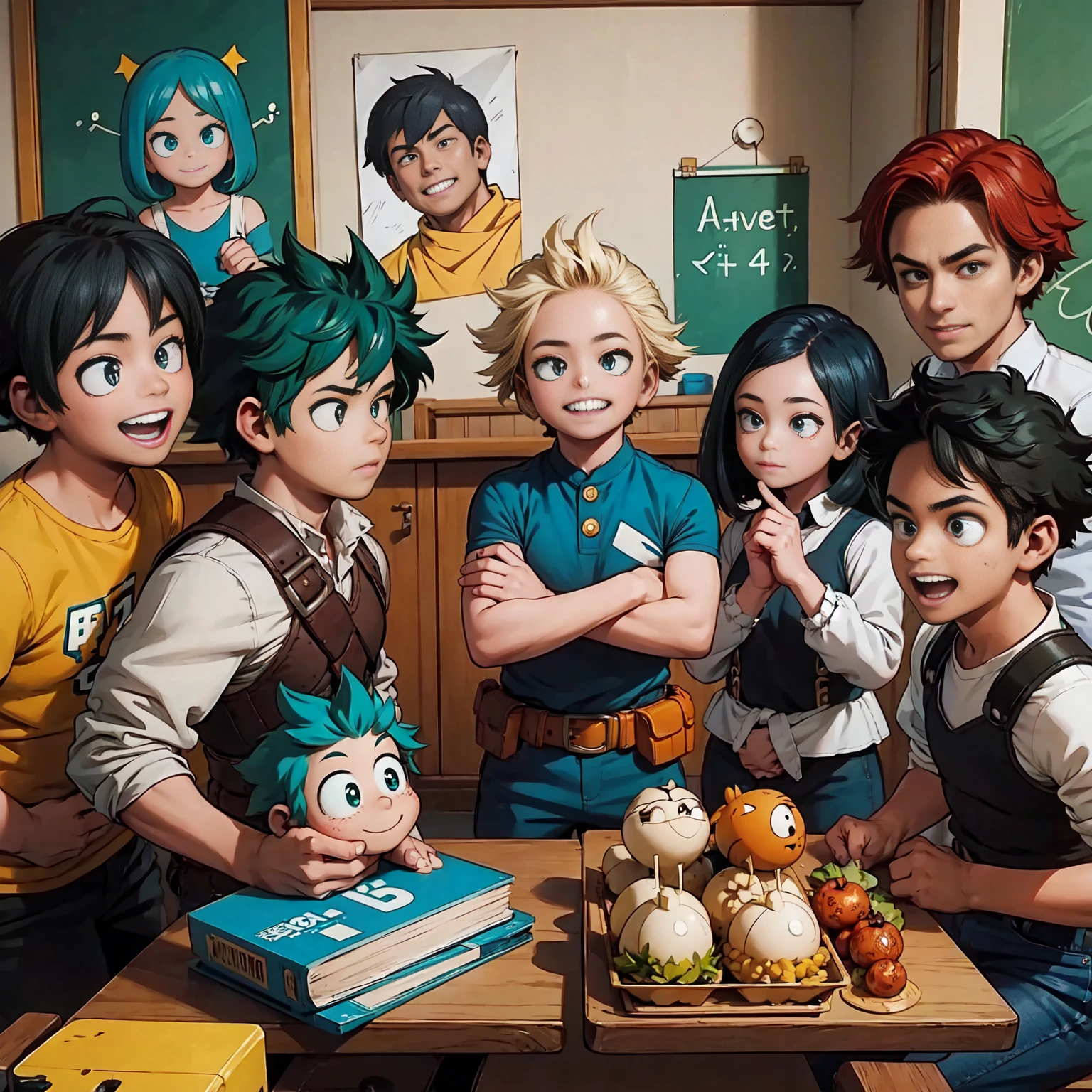 **Quadro 1:**
*Deku, com um sorriso animado, is showing his hero toy collection to his classmates in kindergarten.*

**Quadro 2:**
*Deku&#39;s colleagues are delighted, cada um segurando um brinquedo diferente, as they discuss their choices and imaginary powers.*

**Quadro 3:**
*Deku begins to invent an improvised heroic story, envolvendo todos os brinquedos, e seus colegas se envolvem na narrativa, criando um ambiente de brincadeira empolgante.*

**Quadro 4:**
*All the little heroes are laughing and having fun, strengthening bonds of friendship as they share their imaginations and heroic dreams on the kindergarten playground.*