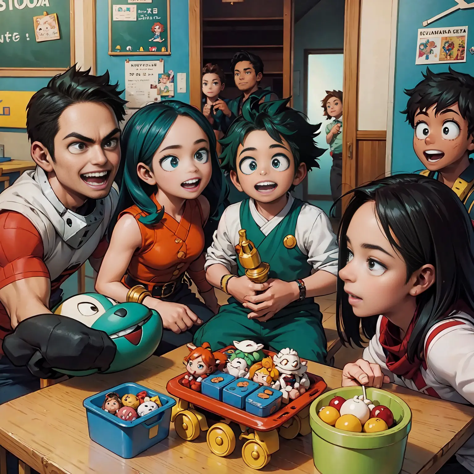 **quadro 1:**
*deku, com um sorriso animado, is showing his hero toy collection to his classmates in kindergarten.*

**quadro 2:...