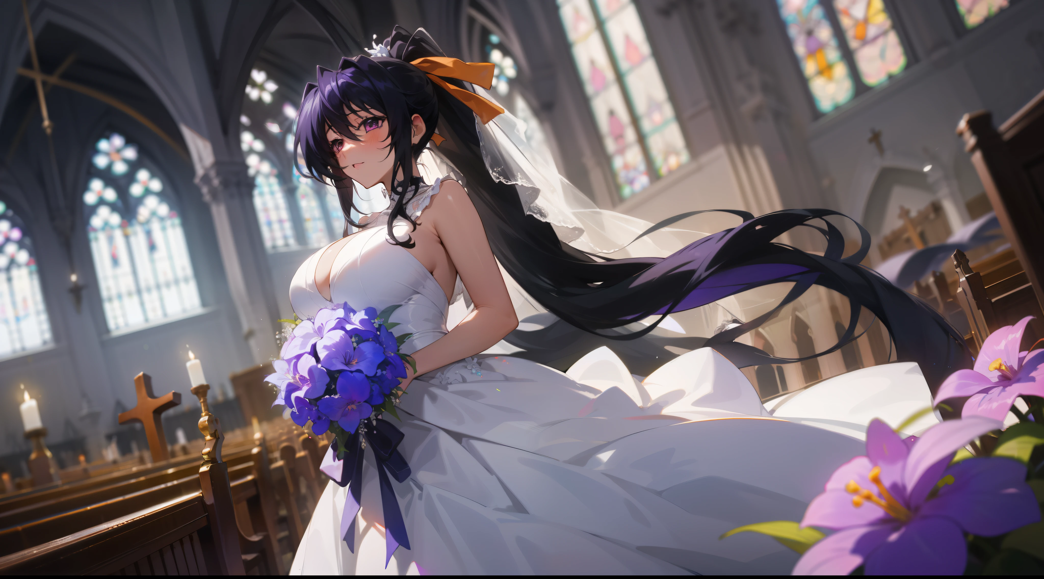 (1girl), himejima_akeno, black hair, ponytail, ((very long hair)), ribbon,), huge tits, purple Flowers, in a wedding dress, church, bouquet