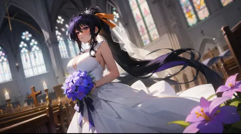 (1girl), himejima_akeno, black hair, ponytail, ((very long hair)), ribbon,), huge tits, purple Flowers, in a wedding dress, chur...