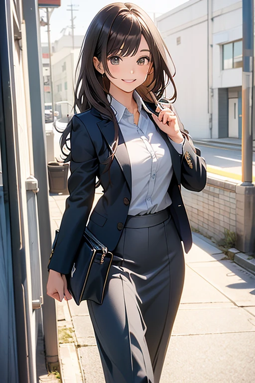 Anime style, Film Portrait Photography, 1woman, a smile, smile, Beautiful Women, Straight hair, Brown hair, Semi-long hair, woman wearing a gray shirt, Woman in business suit, long skirt, business woman, (Natural skin texture Vibrant details, hyper realistic)