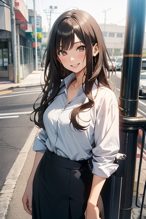 estilo anime, Fotografia de retratos cinematográficos, 1 mulher, a sorriso, sorriso, Mulheres bonitas, cabelo liso, cabelo castanho, Cabelo semi-longo, mulher vestindo uma camisa cinza, mulher de terno de negócios, Saia longa, mulher de negócios, (Textura natural da pele Detalhes vibrantes, hiper-realista)