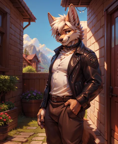 A beautiful female fennec fox, Labyrinth, (aged brown leather jacket, canvas pants, baggy white undershirt, black collar:1.2)
(d...