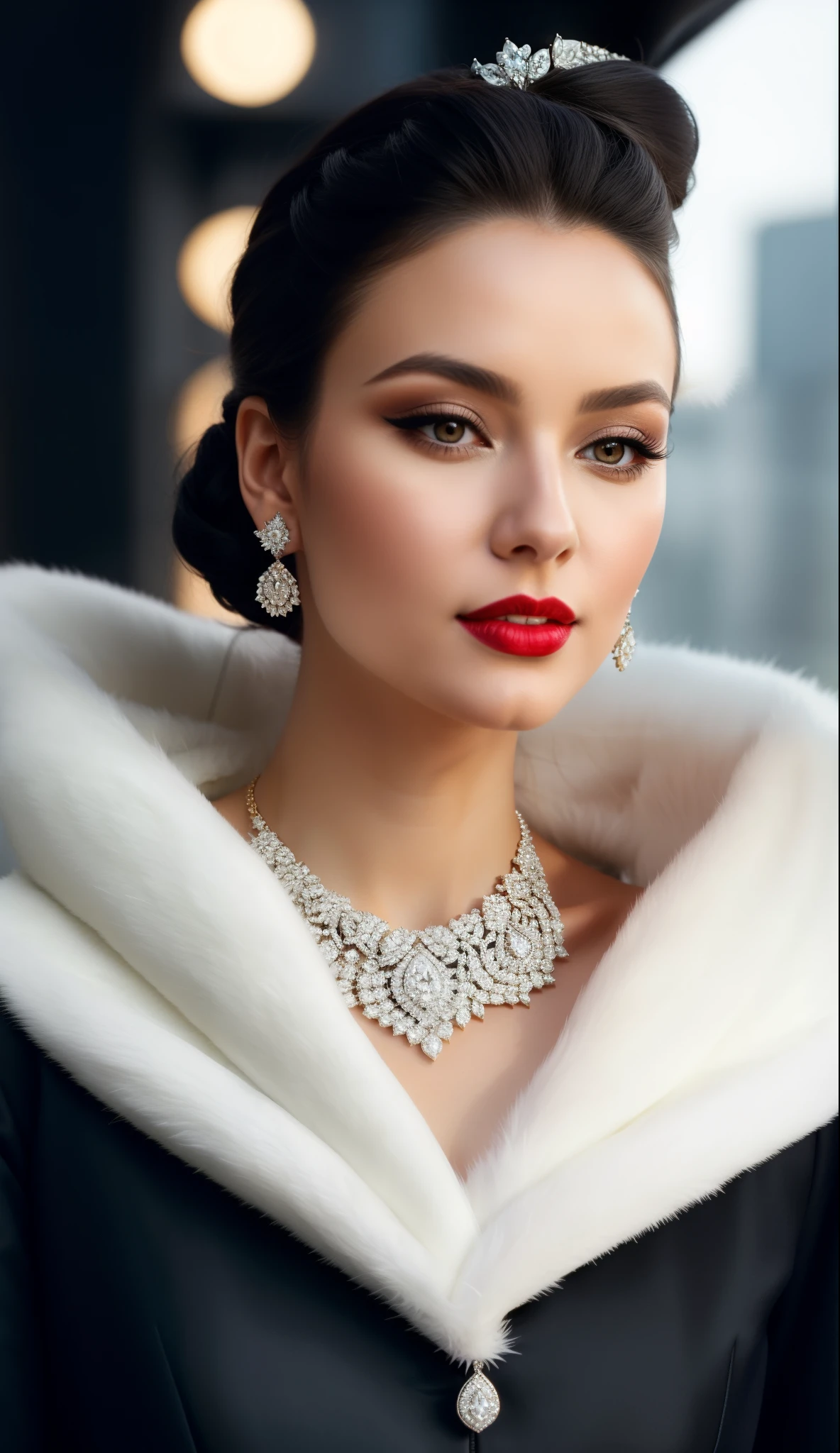 woman in a black coat and white fur collar, Gorgeous, Elegant, Attractive, wearing elegant jewellery, a very beautiful woman, Attractive and beautiful, Gorgeous женщина, very a very beautiful woman, Exquisite & Beautiful, Stunning elegance, an elegant woman, Vintage Makeup, Stunningly beautiful, diamonds on the neck, sexy lips :5 stylish, Exquisite aristocratic, very Attractive and beautiful, thick red lips