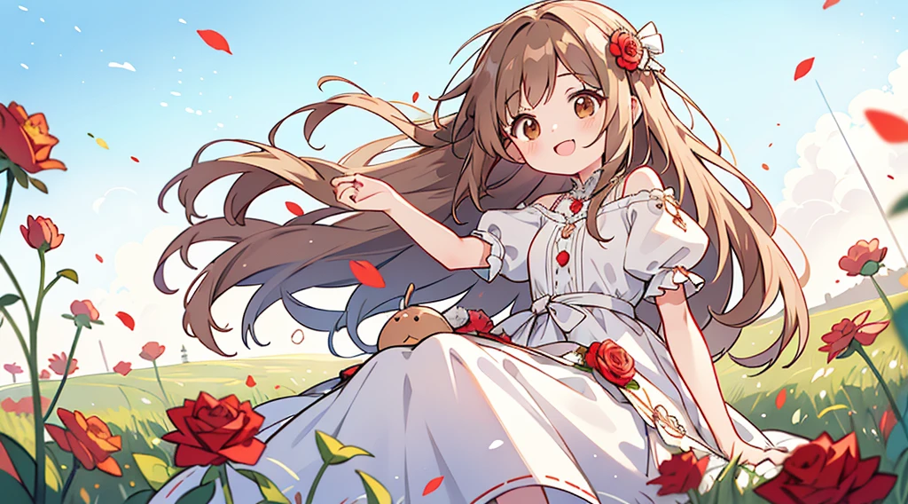 cartoon girl, brown eyes, long white wedding dress, giant silver button on string on waist, long light brown hair, a tall red flower hairpin sticking out of hair, cartoonish cute, laughing with hand over the mouth, happy, sitting in a open field with clear blue sky, holding one red rose in hand, Full HD, Best Quality, 8k