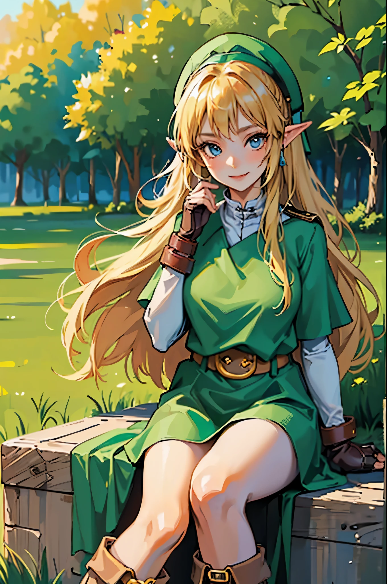 (masterpiece), best quality, expressive eyes, perfect face, highres, (female body:1.3),1 girl, solo, ootLink girl, hat, long hair, blonde hair, (green tunic), belt, fingerless gloves, boots, field, grass, trees, landscape, depth of field, smiling,sitting, upper body portrait, looking at the viewer, from frontal
