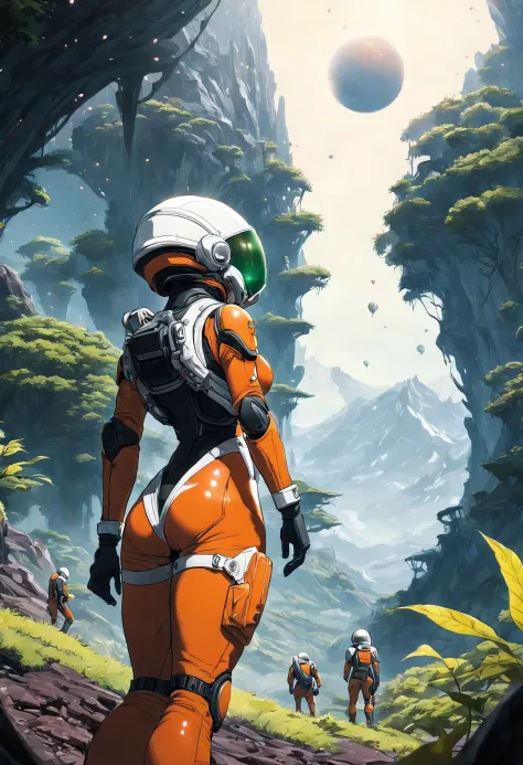 rear angle, Highly detailed RAW color Photo, Rear Angle, Full Body, of (female space soldier, wearing orange and white space Plugsuit, helmet, tined face shield, rebreather, accentuated booty), outdoors, (looking up at advanced alien structure, on alien pl...