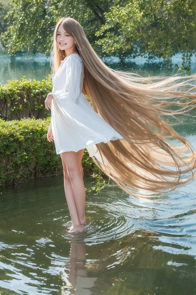 masutepiece, Best Quality, Ultra-detailed, finely detail, hight resolution, 8K Wallpaper, Perfect dynamic composition, Natural Color Lip,(Wearing a long white dress:1.3),(Longhair:1.3),drawn action: (the girl must be standing in water up to her knees in the lake:1.4),I want to convey the happily atmosphere,(The wind blows my long hair:1.4)20 years girl,(smile:1.3)