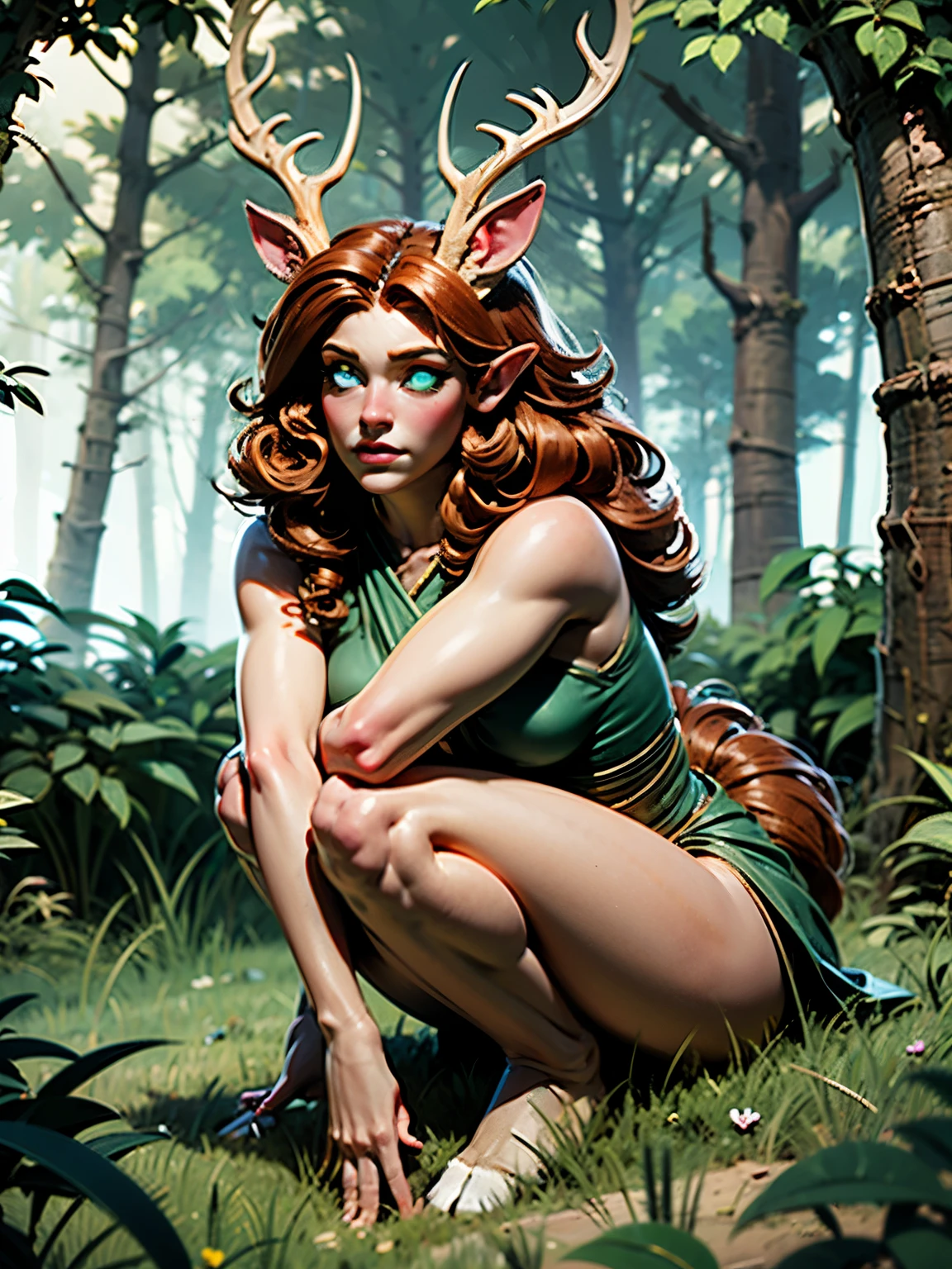 masterpiece, highly-detailed, hyper realistic, full-body shot of a small beautiful druid female laying in the grass in the middle of the forest, perfect face features, thin deer-like nose, thick kissable parted lips, expressive glowing green eyes with sad look, pointy ears, curly ginger hair, stag horns, perfect small size body shape curvy and fit, hooved feet, Deer-like feet