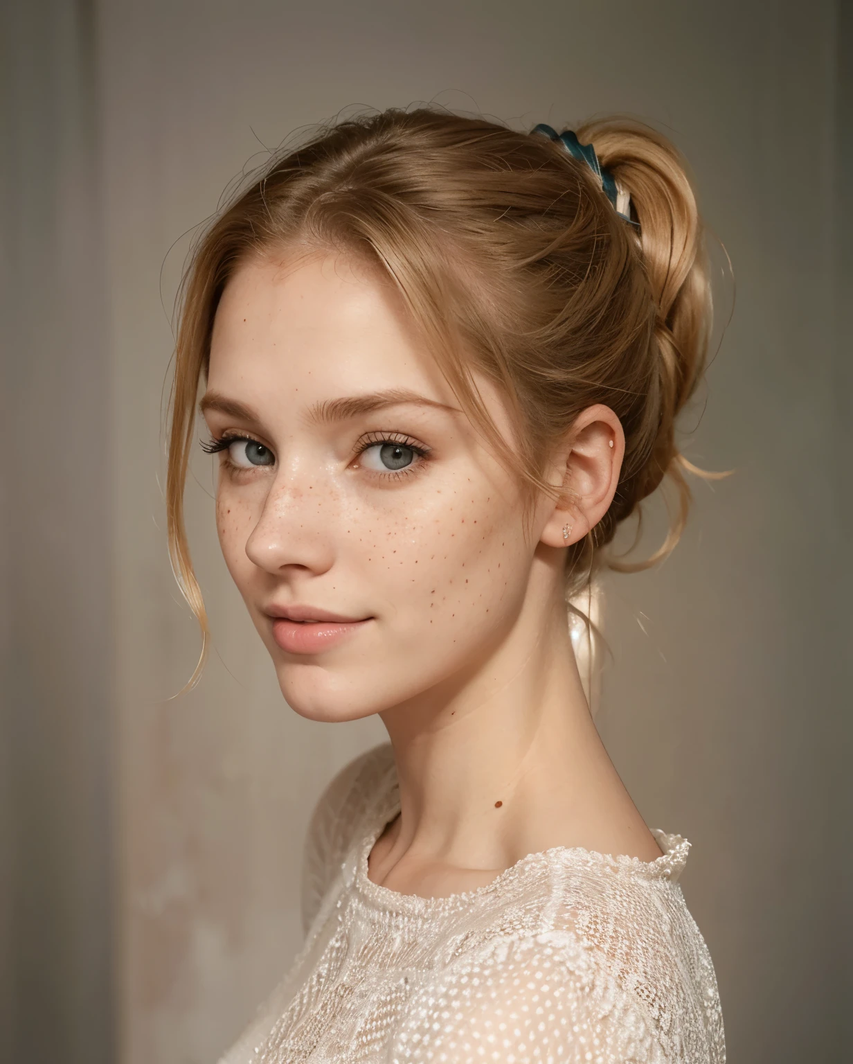 Face of a woman, americana, age 25, pale skin and freckles, gray eyes, delicate nose, soft and delicate lips, cabelo blondie cinza ponytail, sweet smile