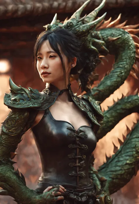 01_Green wooden dragon. Chinese style. Sculpture. A wooden sculpture, next to a cool girl in a leather corset, long dark hair, h...