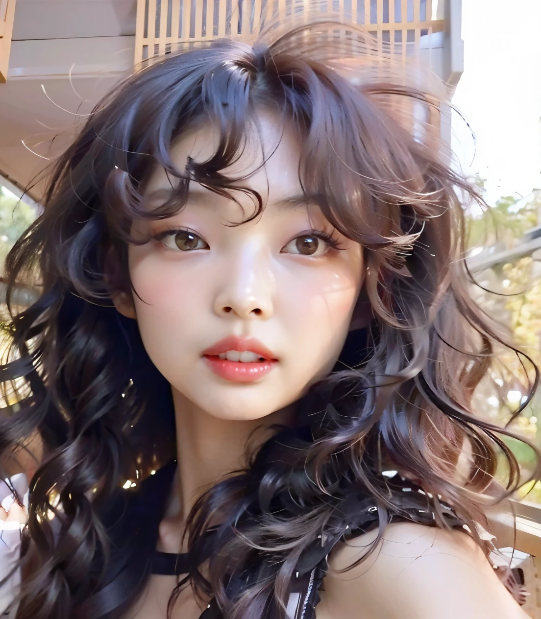 長い髪と黒いドレスを着た女性のクローズアップ - SeaArt AI