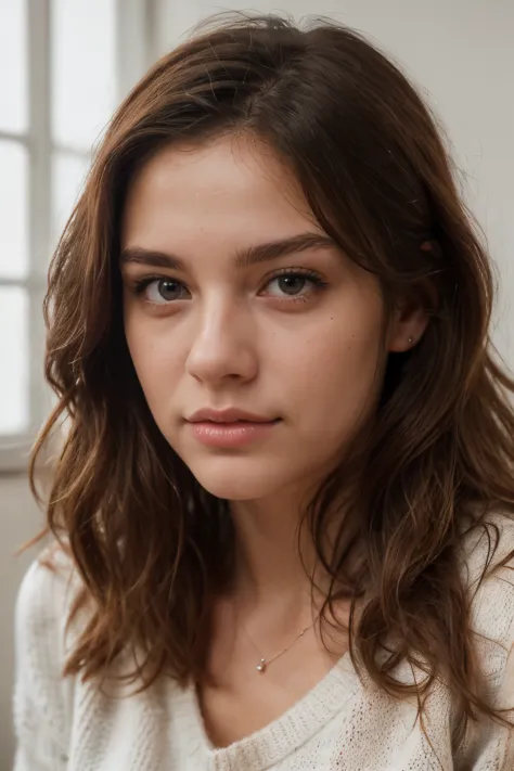 ((best quality)), ((Meisterwerk)), (Detailliert), Perfektes Gesicht,stunning realistic, photorealistic, photorealism, 1 beautiful spain girl,small nose,17 years old,Brown long hair,light curly hair,beautiful grey and hazel eyes,light sixpack,knitted sweate...