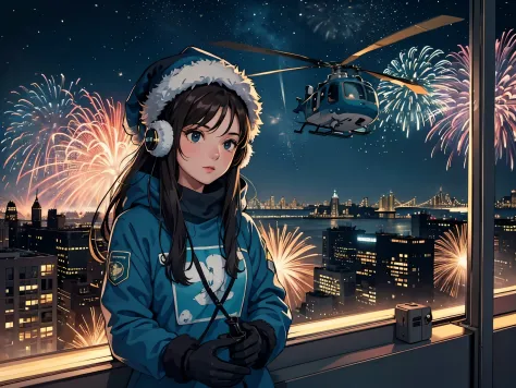 lofi relaxed one brunette girl with headphones enters helicopter in roof of a building in NYC. winter night. beautiful landscape...