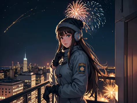 lofi relaxed one brunette girl with headphones enters helicopter in roof of a building in NYC. winter night. beautiful landscape...