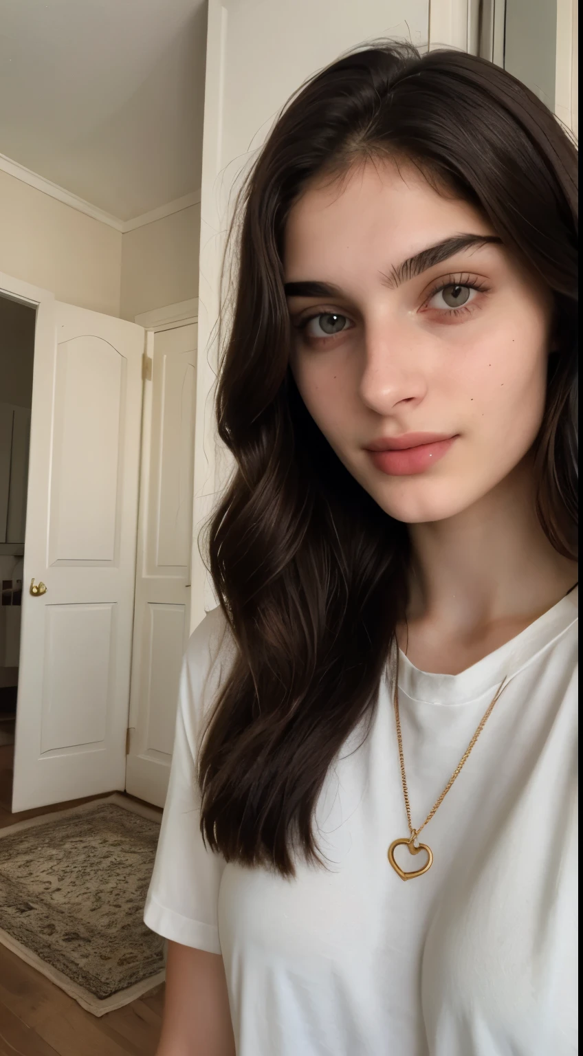 ((Front facing camera selfie)), 18 yo girl named Zahra Amiri, ((straight nose)), (prominent nose bridge), (female face golden ratios), long dense dark brown hair, ((pale skin)), (hazel eyes), thin eyebrows, high cheekbones, beautiful plump lips, big natural breasts, wearing white tshirt, apartment background, smirk