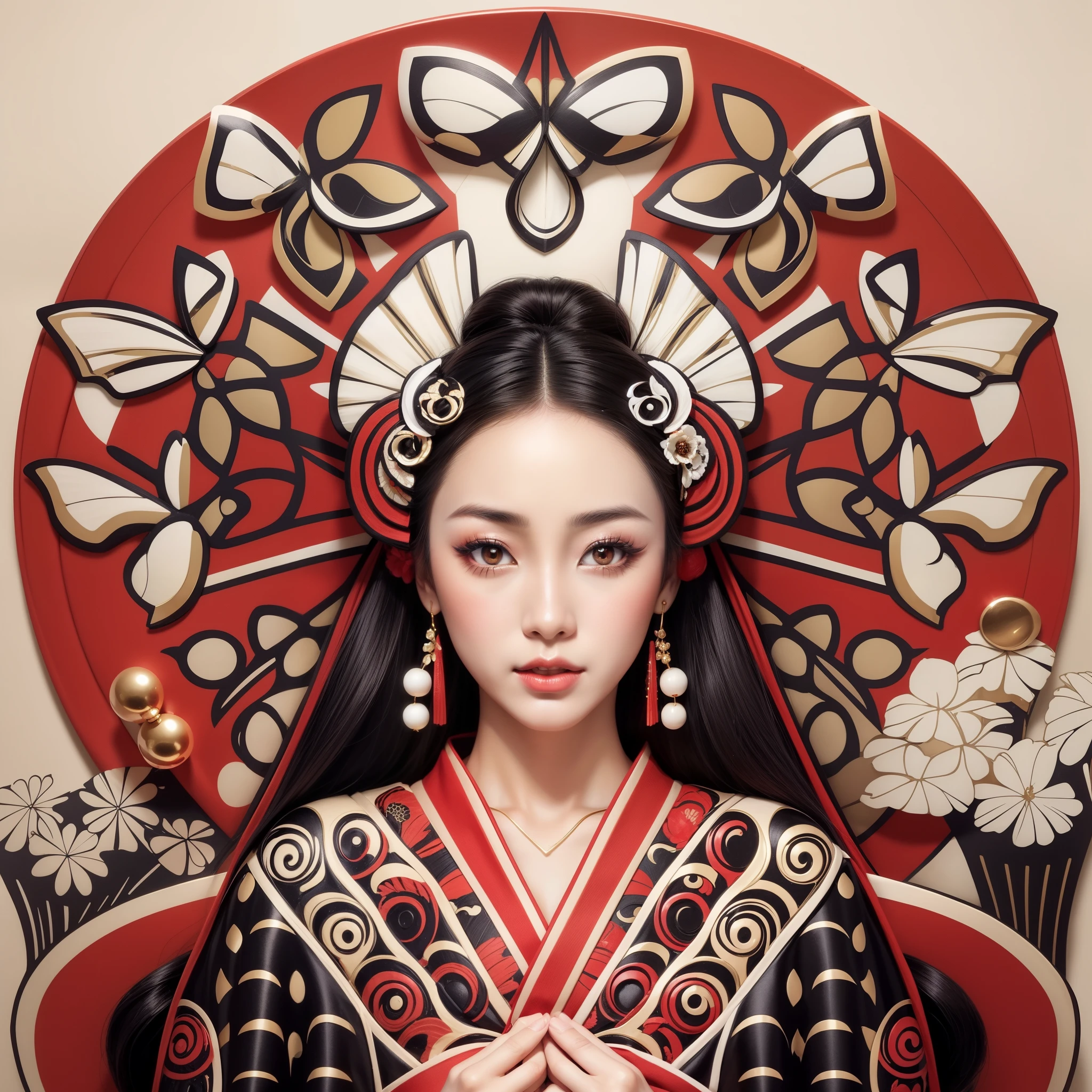A beautiful geisha with flowing black hair, silky skin, beautiful eyes, beautiful lips, wearing earrings, ornaments in her hair, with two butterfly wings behind her head, wearing a beautiful kimono, with bouquets of flowers on both sides, and in the background , butterflies flying around and under your head, beautiful hyperrealistic geisha, of butterflies, a photorealistic adorned geisha, beautiful spring geisha of intricate details. .