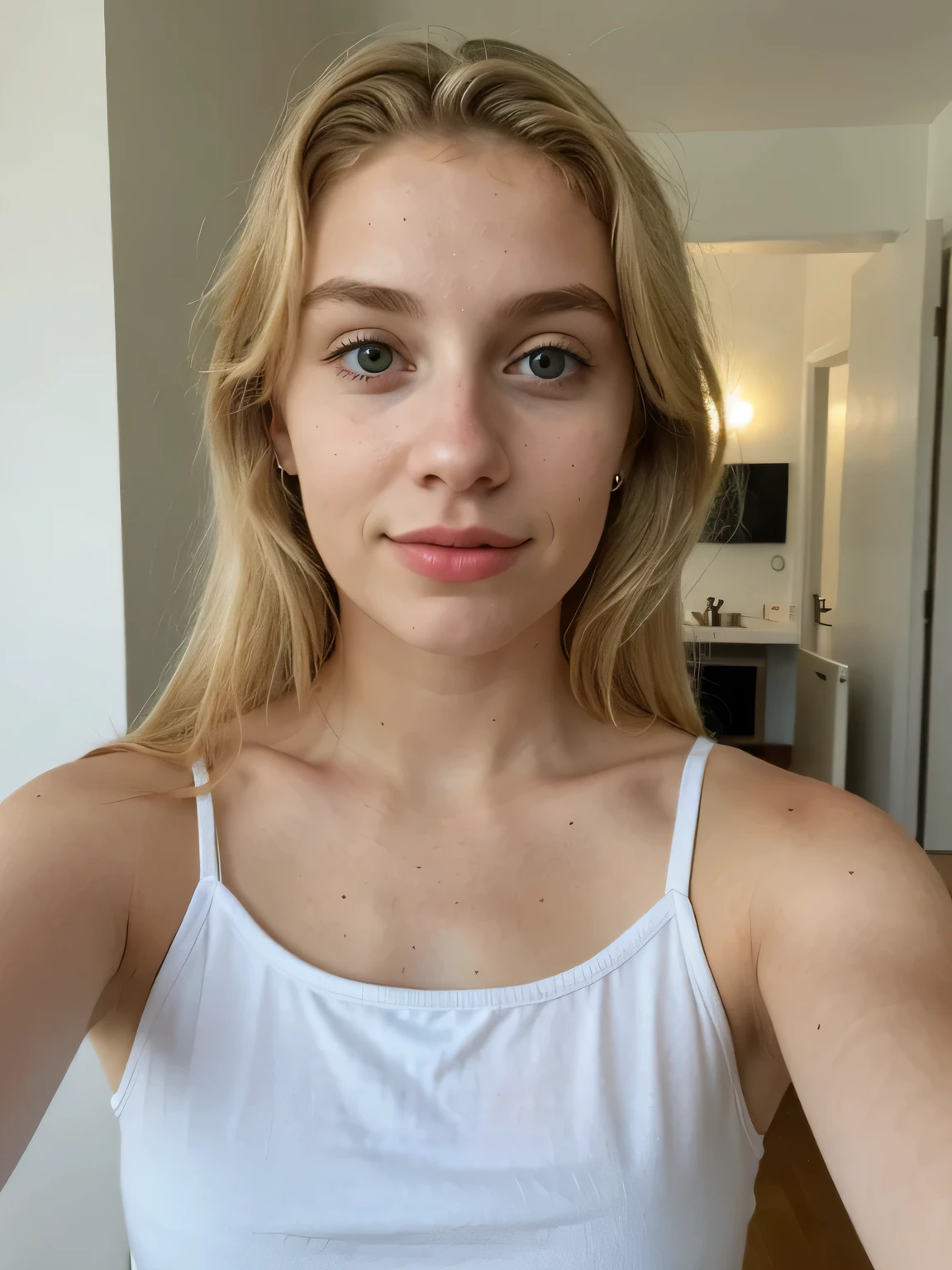 Blond woman with blue eyes and white tank top taking a selfie - SeaArt AI