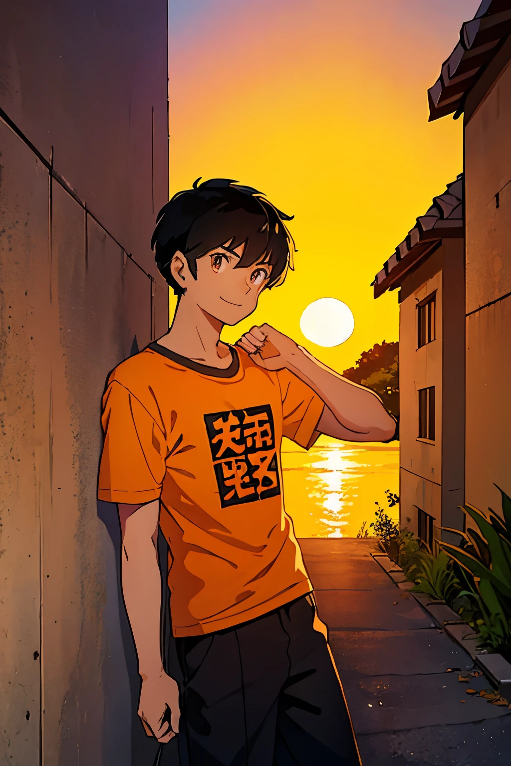 a black haired boy, wearing an orange t-shirt leaning his back against a wall, seen in profilehas a smile and looks at the viewer,the environment is a school with a sunset sky and in the distance you can see the entrance of the school, seen from the side.