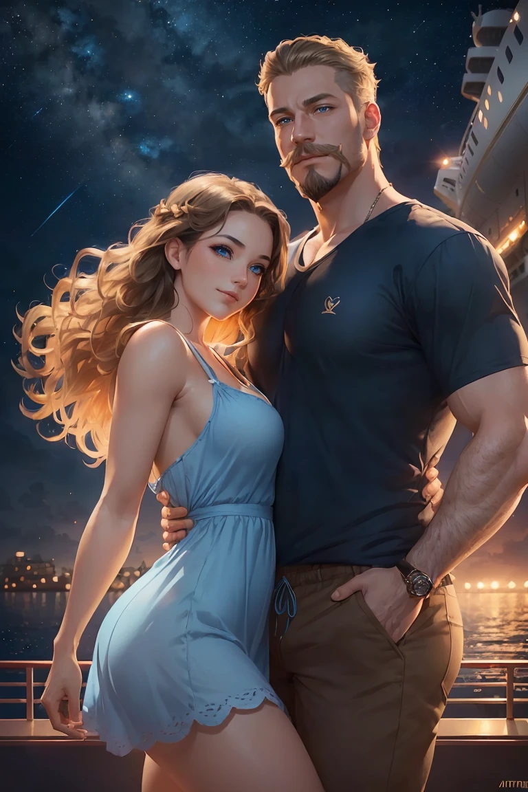 ((A smiling couple in love)), ((woman with wavy brown hair wearing a sundress small breast)), dancing  close with ((a masculine man with short blonde hair and a full blonde beard with mustache, in pants and a shirt)), (((blue eyes))), hair with many details, 8k artgerm bokeh, fanart best artstation, render photorealistic, guweiz-style art, inspired by WLOP, ig model | artgerm, detailed, stunning realistic face, beautiful, deviantart artstation cgscosiety, cinematic realistic, high quality portrait, elegant digital painting, photorealistic artstyle, ((cruise ship background)), (( night sky)), ((looking at the camera))