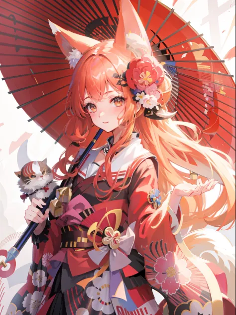 anime girl in kimono outfit holding an umbrella and a cat ear, fox nobushi, anime style 4 k, anime art wallpaper 8 k, trending o...