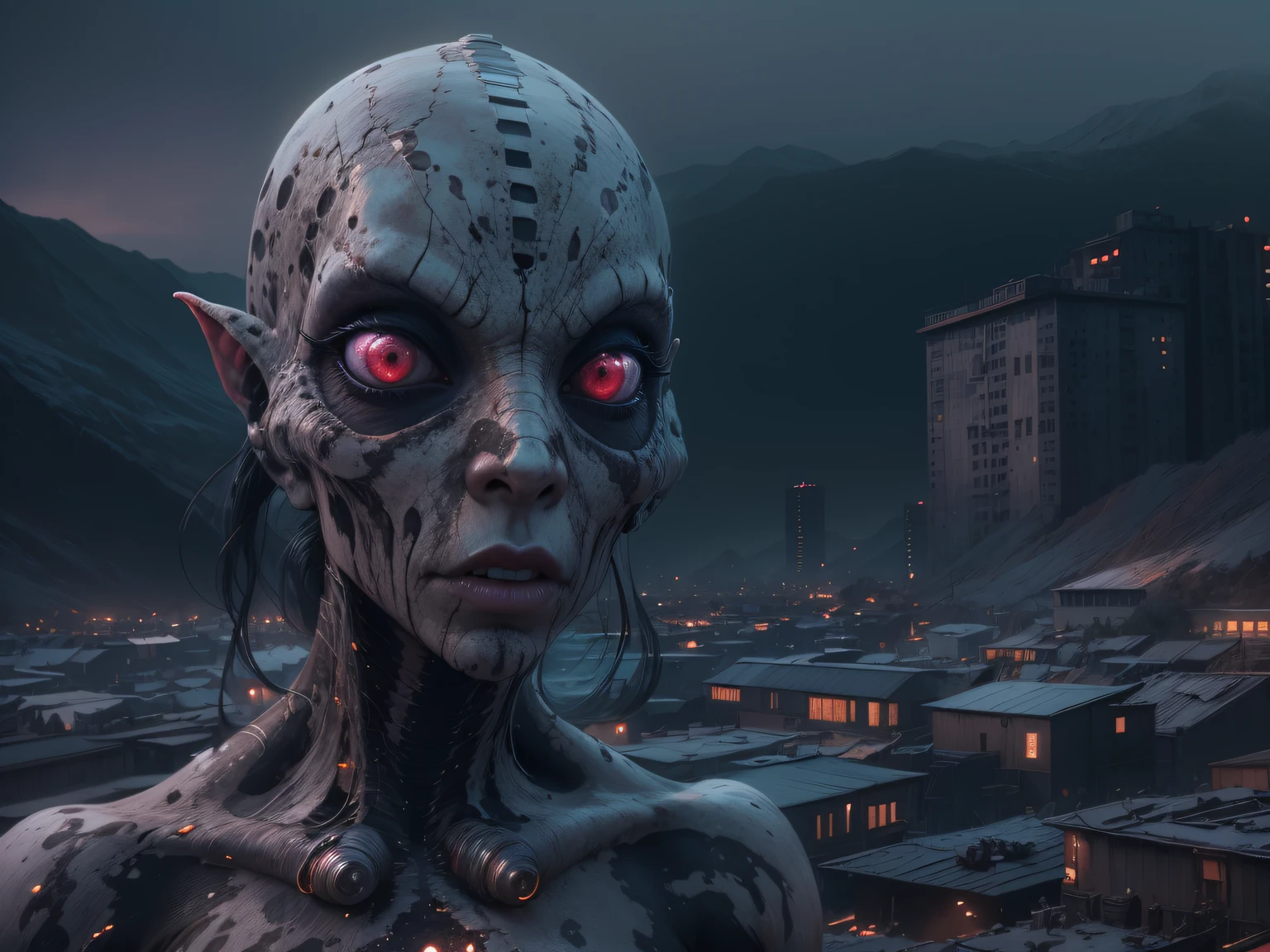 Rubyfall Spectrolite Na'vi ,long hair,freckles,native german,pretty face,eyebrow up,full body shot,ominous landscape,urban,extremely detailed, [night landscape],masterpiece,intricate details,faded,eyes extremely detailed, high detailed eyes,4k resolution,RAW, Nikon Z9,city in mountain on background,niobium Chalcopyrite moon,NETCASTERS,RAW,Retina,full body length,Obsidian The Alien Entity,ominous landscape, niobium Obsidian atmosphere,dangerous atmosphereRAW,Retina,full body length,Obsidian The Alien Entity,ominous landscape, niobium Obsidian atmosphere,dangerous atmosphere,intricate details,view from height,full-body-shot,Uvarovite The Alien Entity, sassiness,Cinematic, Technicolor,hyper realisitc, hyper detailed,Extremely detailed,High contrast,Masterpiece,Realistic,Ultra Detailed,intricate details,realistic humid skin,extremly intricate,Epic Realistic, Romantic, cinematic style, messy hair,extremely detailed,full body length,Manganite babygirl ,pretty face,eyebrow up,full body shot,ominous landscape,glate gray atmosphere,by art Simon Stalenhag,Nicola Samori,(((Wangechi Mutu))),prime colors,urban,extremely detailed,masterpiece,intricate details,faded,eyes extremely detailed, high detailed eyes,4k resolution,RAW, Nikon Z9,scary town,stalker,goblin