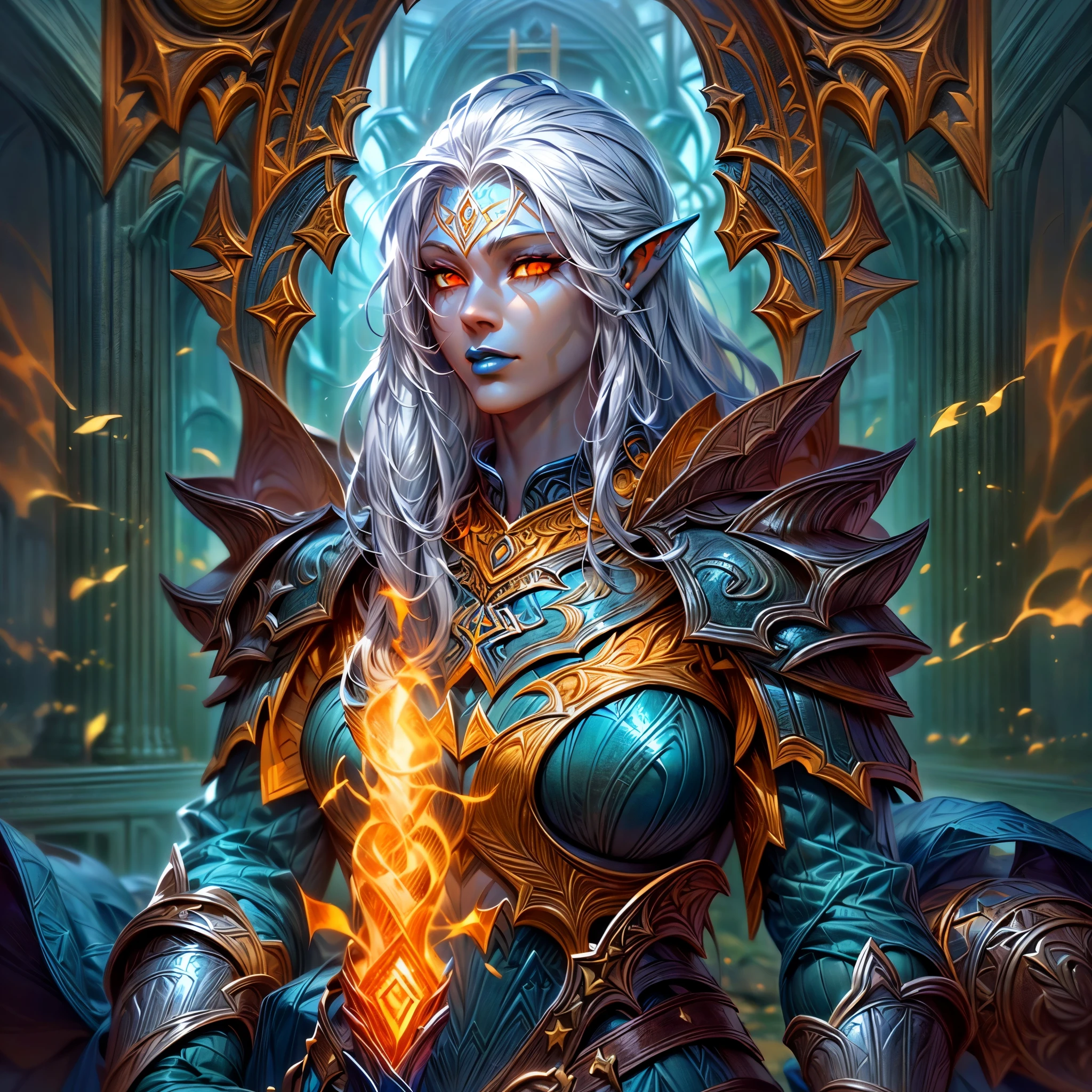 fantasy art, dnd art, RPG art, wide shot, (masterpiece: 1.4) portrait, intense details, highly detailed, photorealistic, best quality, highres, portrait a vedalken female (fantasy art, Masterpiece, best quality: 1.3) ((blue skin: 1.5)), intense details facial details, exquisite beauty, (fantasy art, Masterpiece, best quality) cleric, (blue colored skin: 1.5) 1person blue_skin, blue skinned female, (white hair: 1.3), long hair, intense green eye, fantasy art, Masterpiece, best quality) armed a fiery sword red fire, wearing heavy (white: 1.3) half plate mail armor CM-Beautiful_armor wearing high heeled laced boots, wearing an(orange :1.3) cloak, wearing glowing holy symbol GlowingRunes_yellow, within fantasy temple background, reflection light, high details, best quality, 16k, [ultra detailed], masterpiece, best quality, (extremely detailed), close up, ultra wide shot, photorealistic, RAW, fantasy art, dnd art, fantasy art, realistic art,