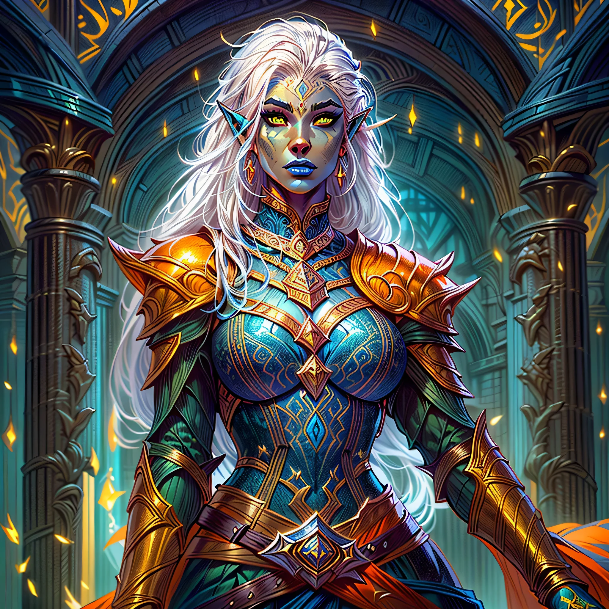 fantasy art, dnd art, RPG art, wide shot, (masterpiece: 1.4) portrait, intense details, highly detailed, photorealistic, best quality, highres, portrait a vedalken female (fantasy art, Masterpiece, best quality: 1.3) ((blue skin: 1.5)), intense details facial details, exquisite beauty, (fantasy art, Masterpiece, best quality) cleric, (blue colored skin: 1.5) 1person blue_skin, blue skinned female, (white hair: 1.3), long hair, intense green eye, fantasy art, Masterpiece, best quality) armed a fiery sword red fire, wearing heavy (white: 1.3) half plate mail armor CM-Beautiful_armor wearing high heeled laced boots, wearing an(orange :1.3) cloak, wearing glowing holy symbol GlowingRunes_yellow, within fantasy temple background, reflection light, high details, best quality, 16k, [ultra detailed], masterpiece, best quality, (extremely detailed), close up, ultra wide shot, photorealistic, RAW, fantasy art, dnd art, fantasy art, realistic art,