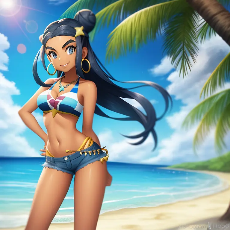 nessa \(pokemon\), beach, 1girl, solo, cowboy shot, standing, looking at viewer, smile, closed mouth, hand in own hair, hand on ...