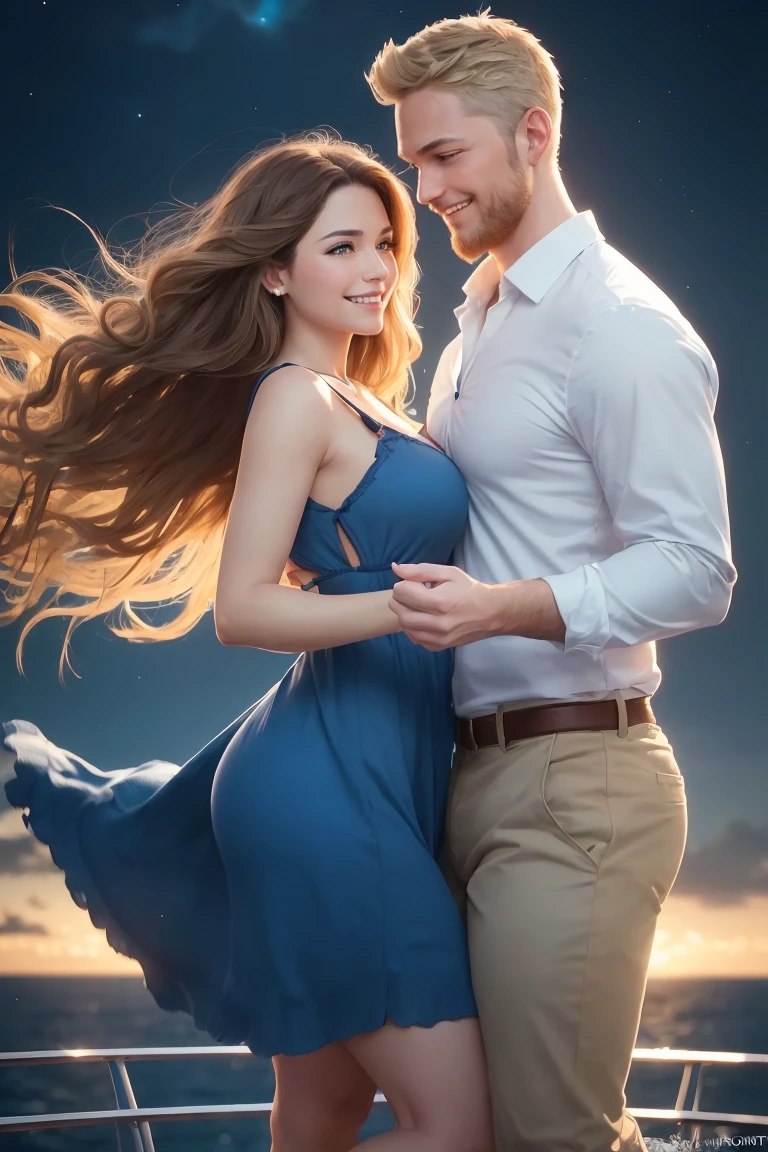 ((A smiling couple in love)), ((woman with wavy brown hair wearing a sundress small breast)), dancing close with ((a masculine man with short blonde hair and a full blonde beard wearing pants and shirt)), (((blue eyes))), hair with many details, 8k artgerm bokeh, fanart best artstation, render photorealistic, guweiz-style art, inspired by WLOP, ig model | artgerm, detailed, stunning realistic face, beautiful, deviantart artstation cgscosiety, cinematic realistic, high quality portrait, elegant digital painting, photorealistic artstyle, ((cruise ship background)), ((night sky)), ((in love))