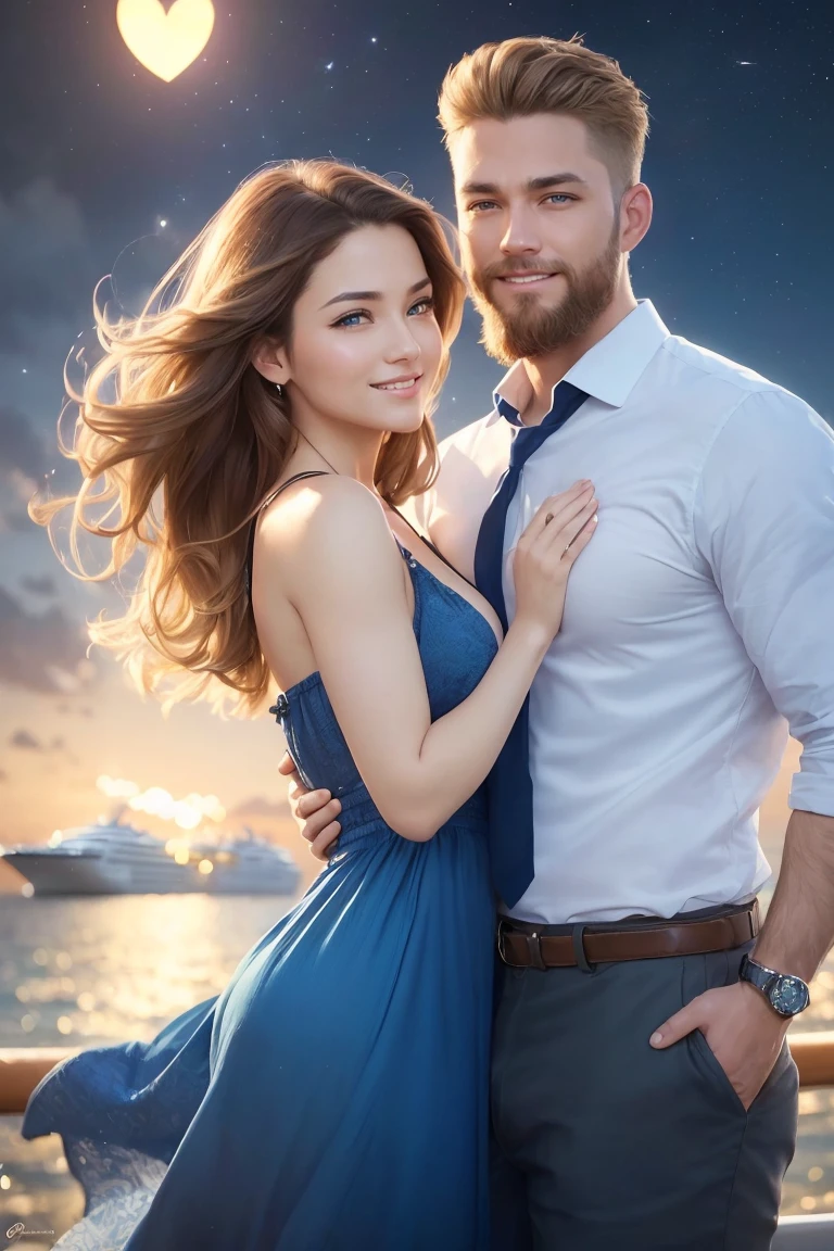 ((A smiling couple in love)), ((woman with wavy brown hair wearing a sundress small breast)), dancing close with ((a masculine man with short blonde hair and a full blonde beard wearing pants and shirt)), (((blue eyes))), hair with many details, 8k artgerm bokeh, fanart best artstation, render photorealistic, guweiz-style art, inspired by WLOP, ig model | artgerm, detailed, stunning realistic face, beautiful, deviantart artstation cgscosiety, cinematic realistic, high quality portrait, elegant digital painting, photorealistic artstyle, ((cruise ship background)), ((night sky)), ((in love))