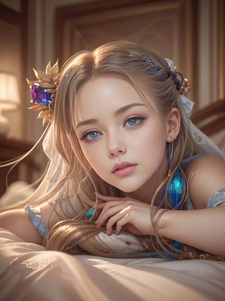 (best quality,16K ultra-fine CG wallpaper,masterpiece:1.2,excellent image quality,super-detailed),(exquisite lighting and shadow,subtle and beautiful),(realistic smooth skin,bright face),(18K close-up perfect display),(cute and lovely,lolita),(adorable girl wearing a perfect sleeveless shirt and a long skirt),(lying face down on a big white bed),(eyes like colorful gemstones)