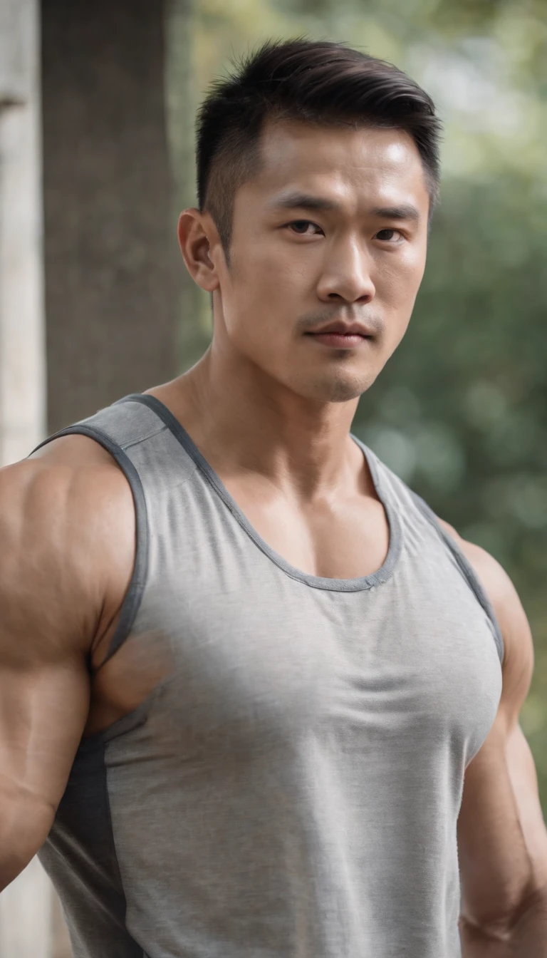 Asia man gymer wearing full vest , big muscle, height 190 cm, big shoulder, big muscle foot, (draww eye detail), (realestic)