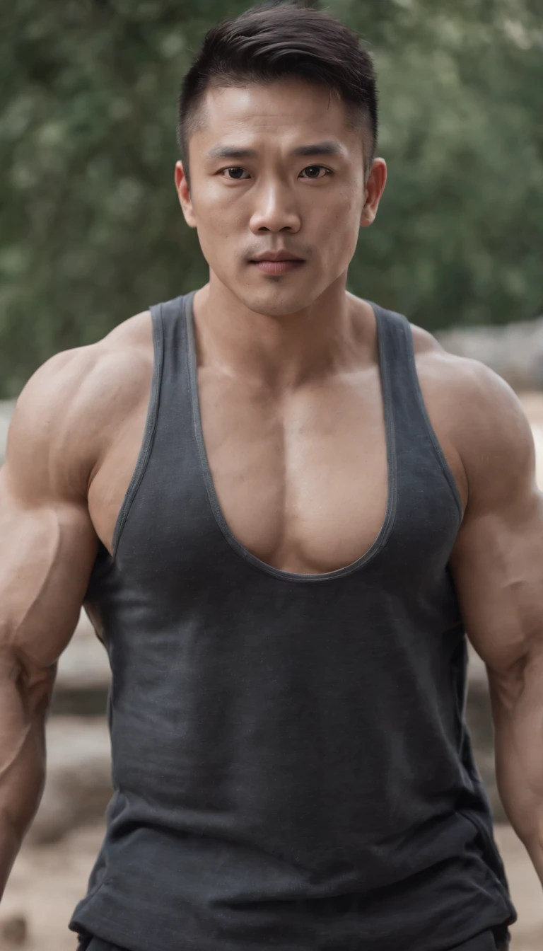 Asia man gymer wearing full vest , big muscle, height 190 cm, big shoulder, big muscle foot, (draww eye detail), (realestic)