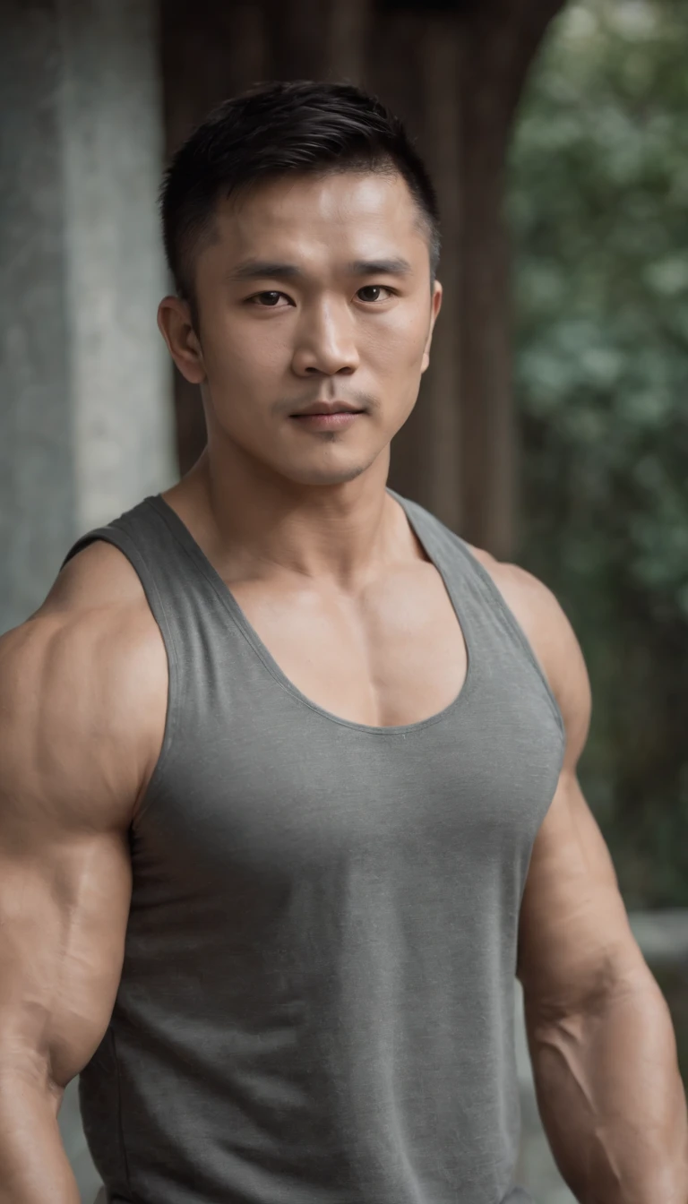 Asia man gymer wearing full vest , big muscle, height 190 cm, big shoulder, big muscle foot, (draww eye detail), (realestic)