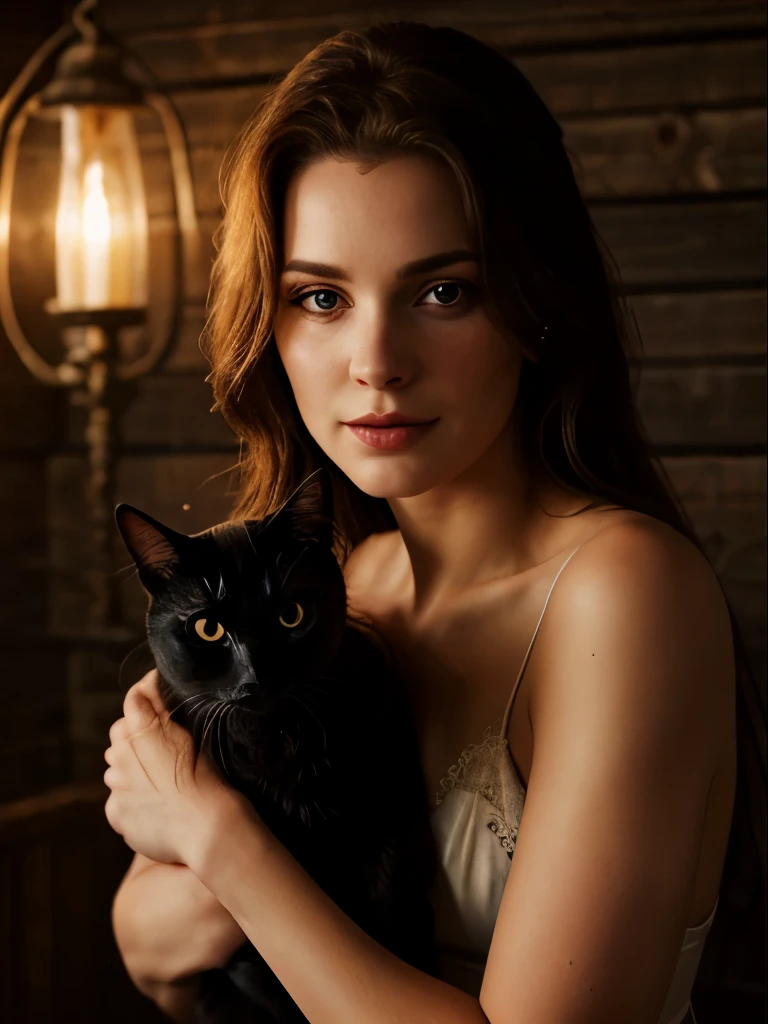 (實際的:1.5), 原始照片, 傑作, 巫術的, 橙色眼睛的可愛性感的女人, 她有一隻黑貓, (細緻的神秘背景，舊木屋上有星星), 柔和的自然光, 褪色, 電影般的.